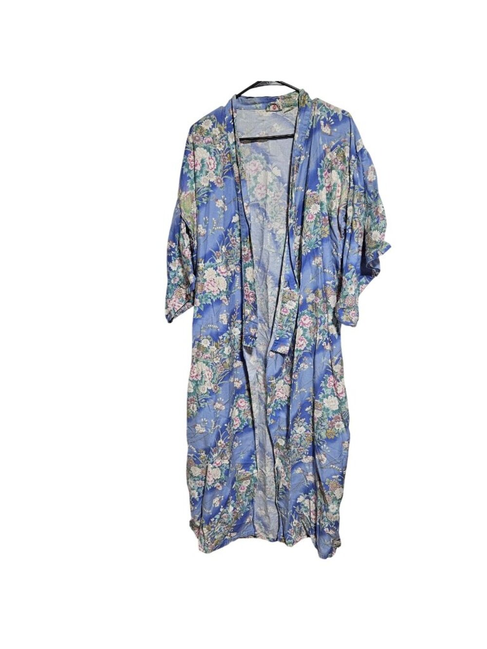 Vintage Japanese Kimono Robe Blue Pink Tie Belt Floral Cotton Made In Japan